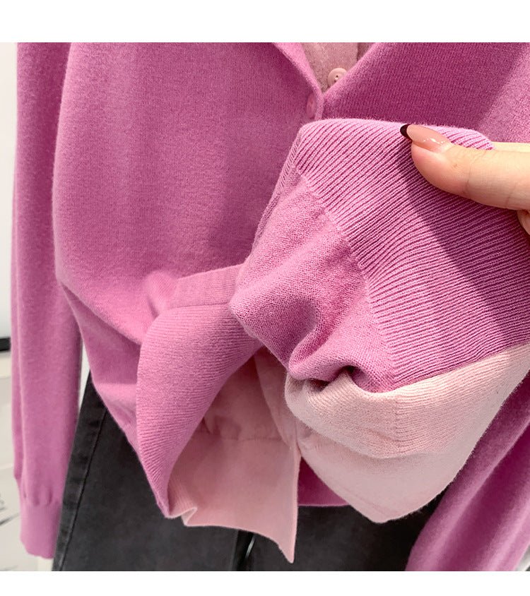 Beautiful V-neck Fake Two-piece Sleeve Knitted Cardigan Jacket Women's 2024 Autumn and Winter Western Style Unique Chic Slim Small Top - Cozy & Co. Market
