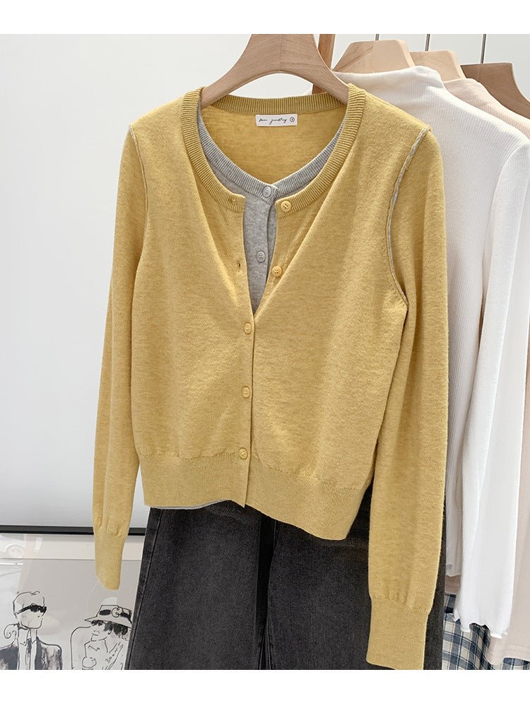 Beautiful V-neck Fake Two-piece Sleeve Knitted Cardigan Jacket Women's 2024 Autumn and Winter Western Style Unique Chic Slim Small Top - Cozy & Co. Market