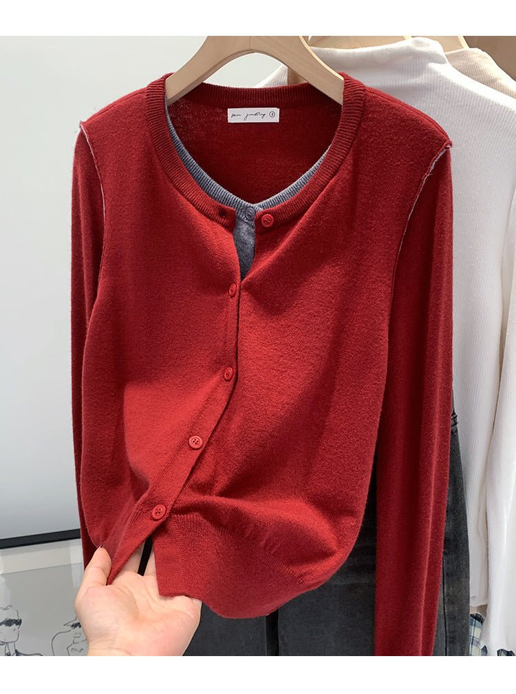 Beautiful V-neck Fake Two-piece Sleeve Knitted Cardigan Jacket Women's 2024 Autumn and Winter Western Style Unique Chic Slim Small Top - Cozy & Co. Market