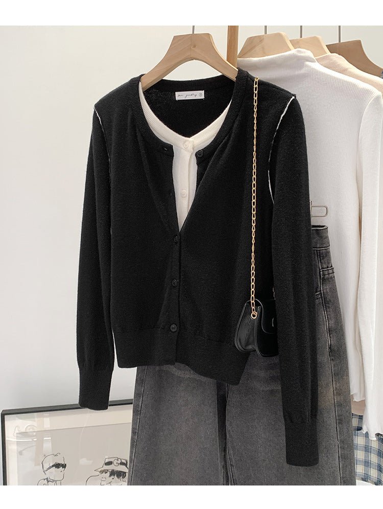 Beautiful V-neck Fake Two-piece Sleeve Knitted Cardigan Jacket Women's 2024 Autumn and Winter Western Style Unique Chic Slim Small Top - Cozy & Co. Market