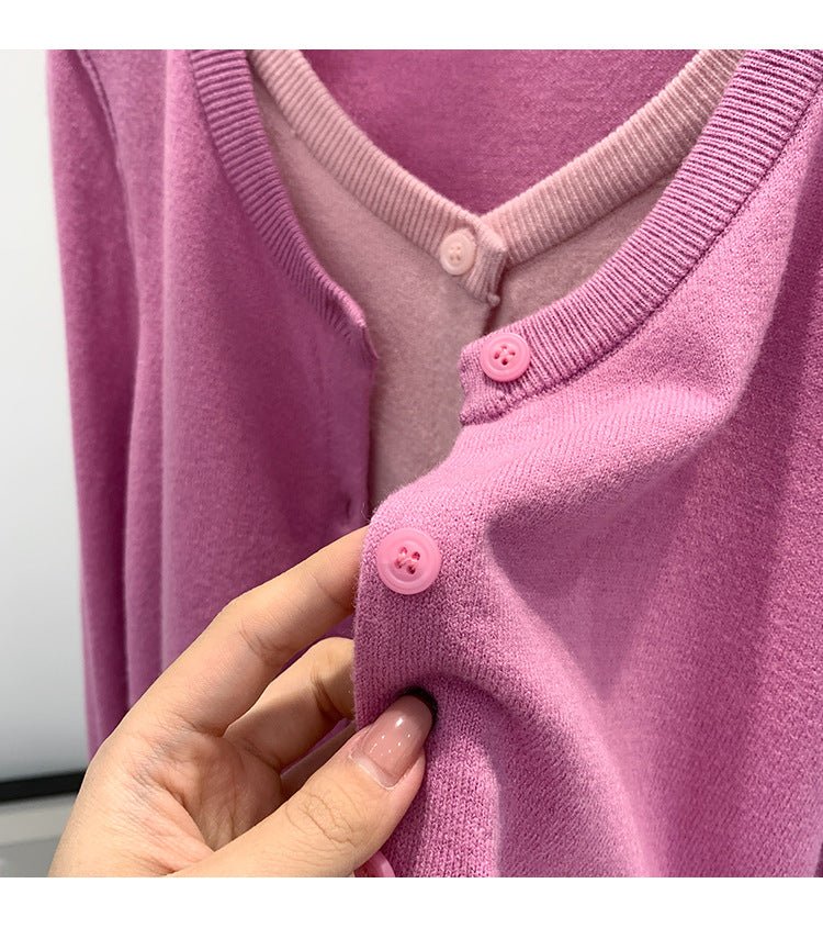 Beautiful V-neck Fake Two-piece Sleeve Knitted Cardigan Jacket Women's 2024 Autumn and Winter Western Style Unique Chic Slim Small Top - Cozy & Co. Market