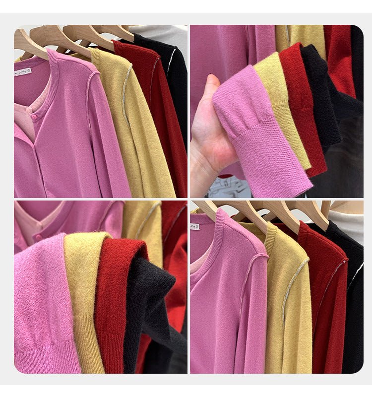 Beautiful V-neck Fake Two-piece Sleeve Knitted Cardigan Jacket Women's 2024 Autumn and Winter Western Style Unique Chic Slim Small Top - Cozy & Co. Market