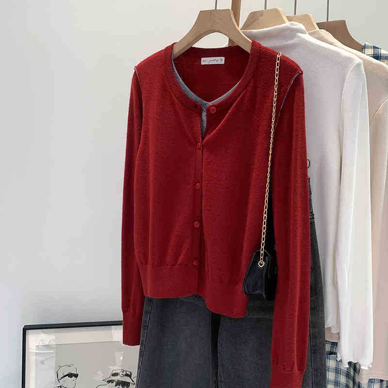 Beautiful V-neck Fake Two-piece Sleeve Knitted Cardigan Jacket Women's 2024 Autumn and Winter Western Style Unique Chic Slim Small Top - Cozy & Co. Market