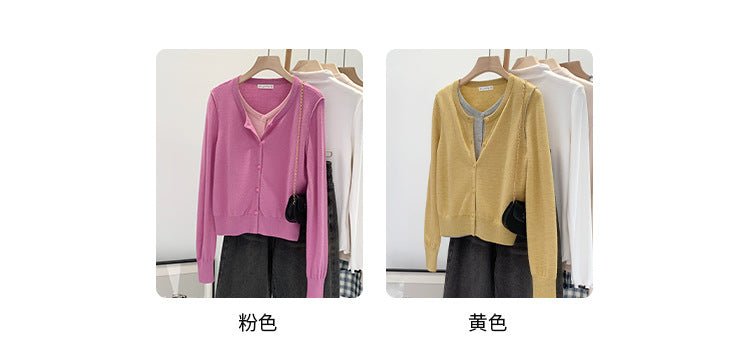 Beautiful V-neck Fake Two-piece Sleeve Knitted Cardigan Jacket Women's 2024 Autumn and Winter Western Style Unique Chic Slim Small Top - Cozy & Co. Market