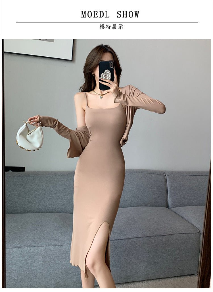 Celebrity Temperament Royal Sister Style Sexy Split Pure Desire Sling Hip dress Long Sleeve Cardigan Fashion Two-piece Suit - Cozy & Co. Market