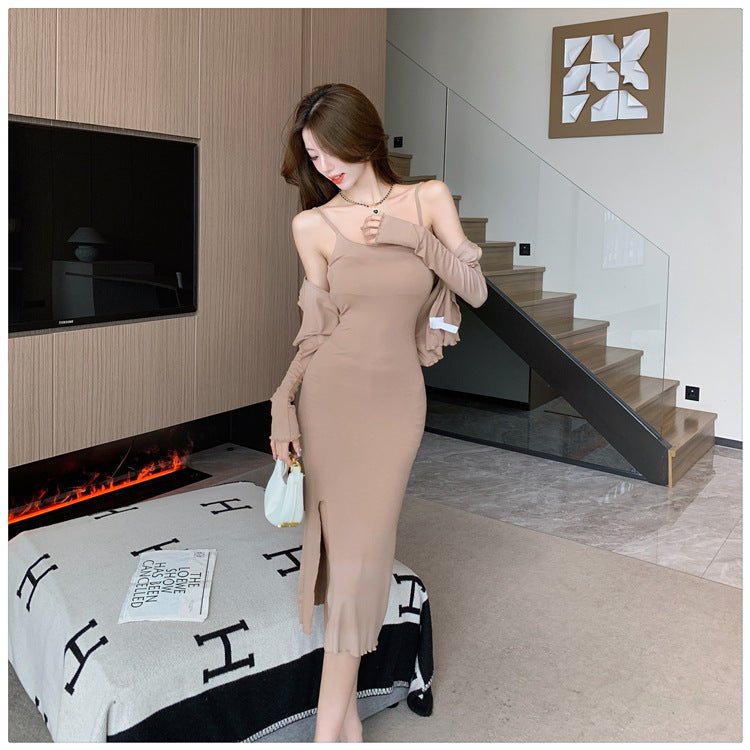 Celebrity Temperament Royal Sister Style Sexy Split Pure Desire Sling Hip dress Long Sleeve Cardigan Fashion Two-piece Suit - Cozy & Co. Market