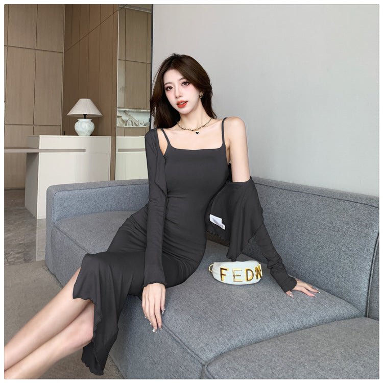Celebrity Temperament Royal Sister Style Sexy Split Pure Desire Sling Hip dress Long Sleeve Cardigan Fashion Two-piece Suit - Cozy & Co. Market