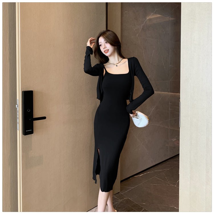 Celebrity Temperament Royal Sister Style Sexy Split Pure Desire Sling Hip dress Long Sleeve Cardigan Fashion Two-piece Suit - Cozy & Co. Market