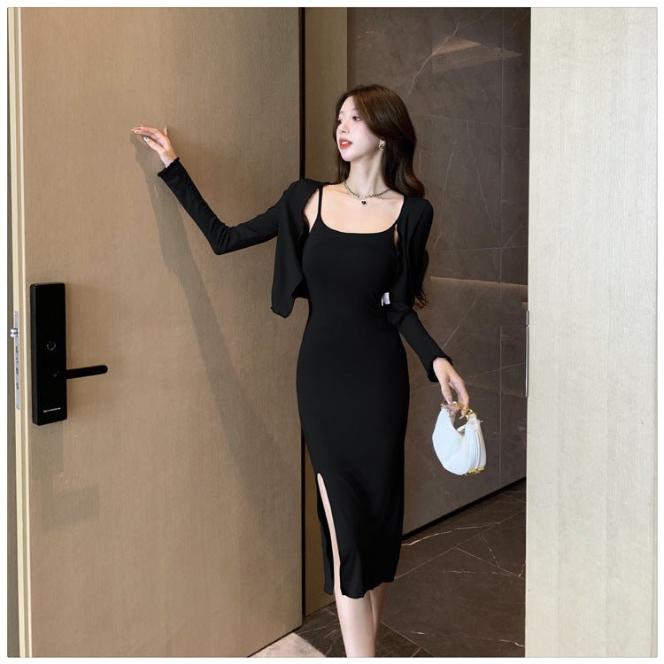 Celebrity Temperament Royal Sister Style Sexy Split Pure Desire Sling Hip dress Long Sleeve Cardigan Fashion Two-piece Suit - Cozy & Co. Market