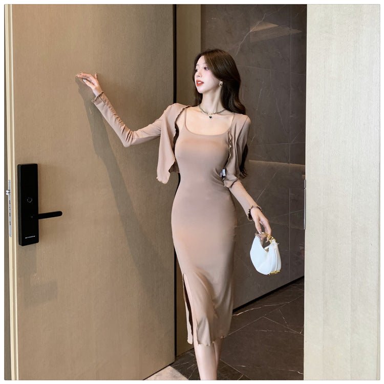 Celebrity Temperament Royal Sister Style Sexy Split Pure Desire Sling Hip dress Long Sleeve Cardigan Fashion Two-piece Suit - Cozy & Co. Market