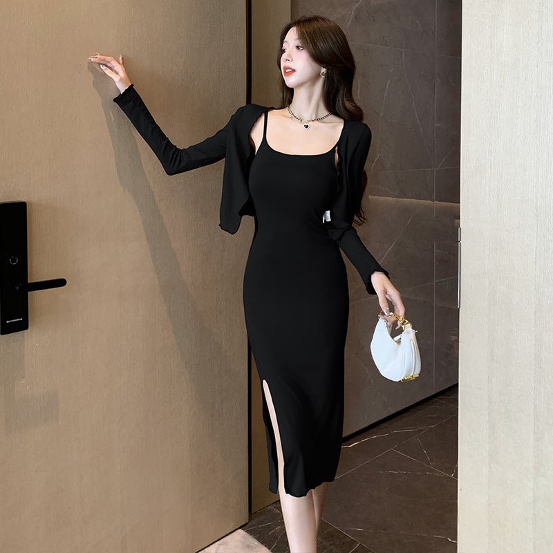 Celebrity Temperament Royal Sister Style Sexy Split Pure Desire Sling Hip dress Long Sleeve Cardigan Fashion Two-piece Suit - Cozy & Co. Market