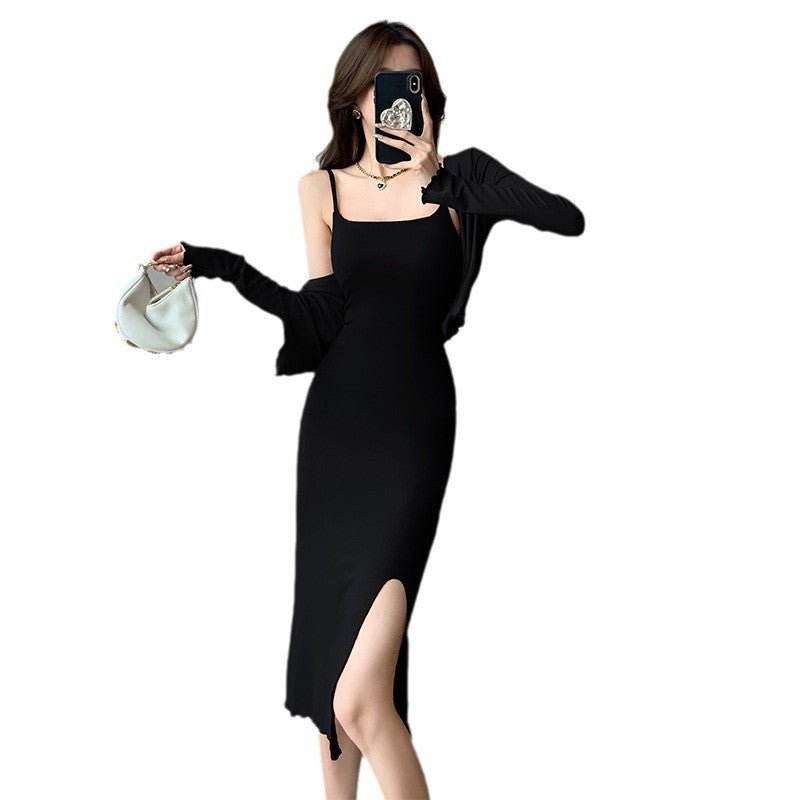 Celebrity Temperament Royal Sister Style Sexy Split Pure Desire Sling Hip dress Long Sleeve Cardigan Fashion Two-piece Suit - Cozy & Co. Market