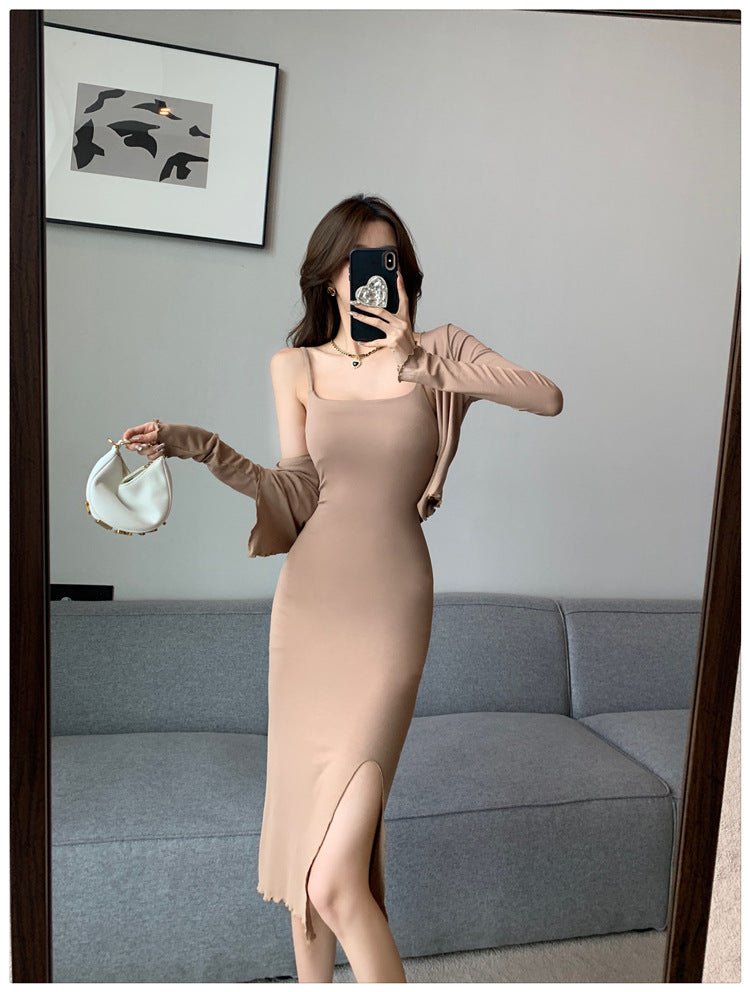 Celebrity Temperament Royal Sister Style Sexy Split Pure Desire Sling Hip dress Long Sleeve Cardigan Fashion Two-piece Suit - Cozy & Co. Market