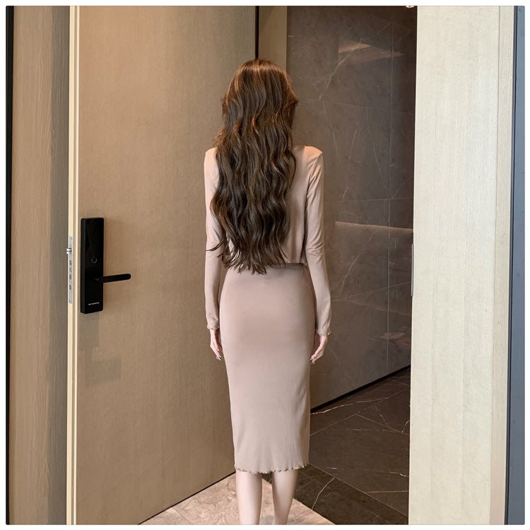 Celebrity Temperament Royal Sister Style Sexy Split Pure Desire Sling Hip dress Long Sleeve Cardigan Fashion Two-piece Suit - Cozy & Co. Market
