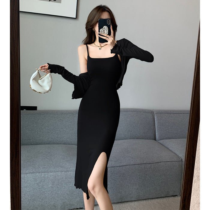 Celebrity Temperament Royal Sister Style Sexy Split Pure Desire Sling Hip dress Long Sleeve Cardigan Fashion Two-piece Suit - Cozy & Co. Market
