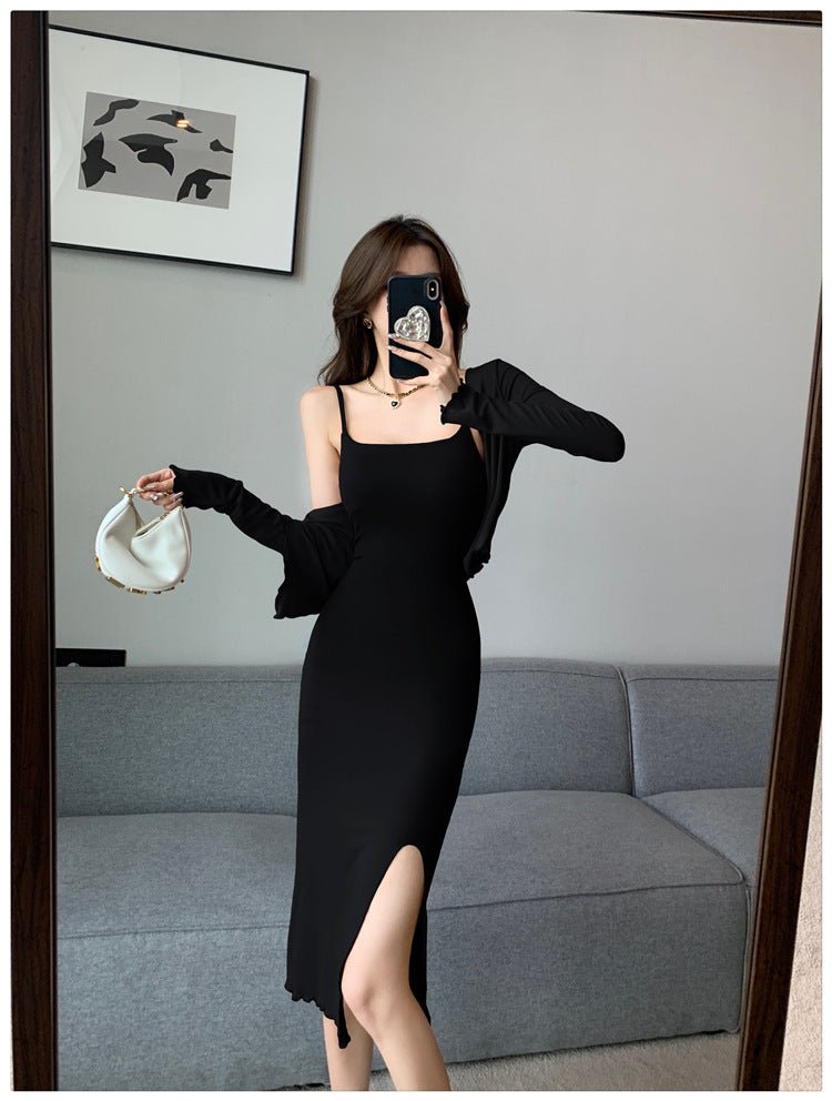 Celebrity Temperament Royal Sister Style Sexy Split Pure Desire Sling Hip dress Long Sleeve Cardigan Fashion Two-piece Suit - Cozy & Co. Market