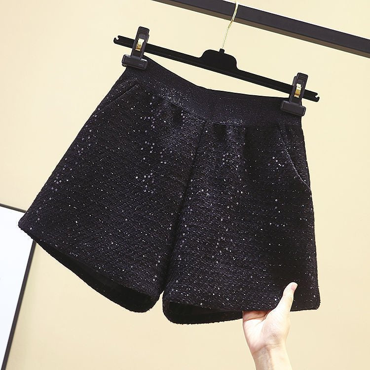Chanel Style Woolen Shorts Women's Spring and Autumn High Waist Slimming Sequin Outer Wear Loose Waist A- Shaped Wide Leg Casual Boots Pants - Cozy & Co. Market