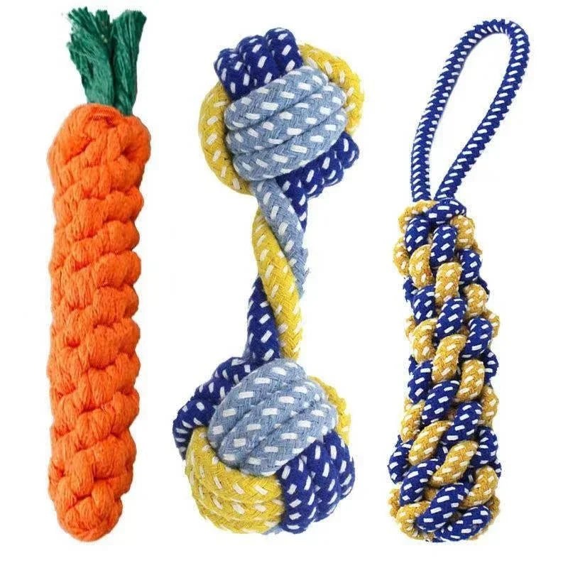 Cotton Rope Dog Toy Set — Carrot, Knot Ball & Dumbbell - Cozy & Co. Market