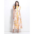 Cross-border 2025 spring and summer new retro socialite flower pattern flying sleeve ruffled long dress - Cozy & Co. Market