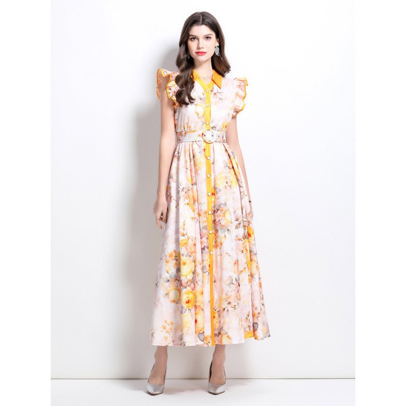 Cross-border 2025 spring and summer new retro socialite flower pattern flying sleeve ruffled long dress - Cozy & Co. Market