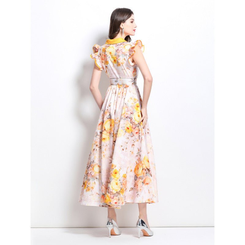 Cross-border 2025 spring and summer new retro socialite flower pattern flying sleeve ruffled long dress - Cozy & Co. Market