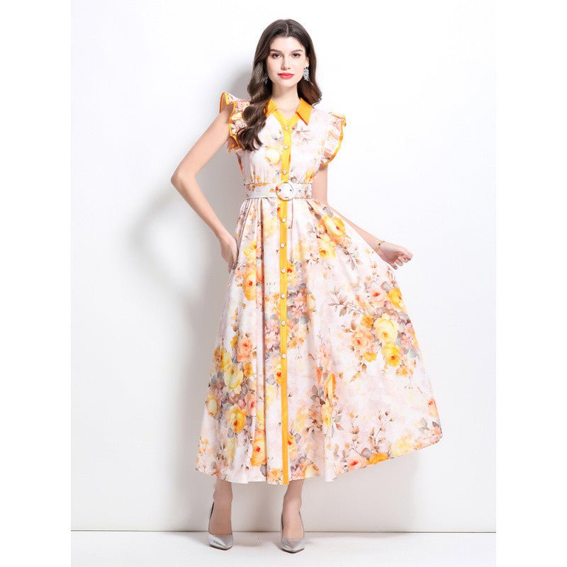 Cross-border 2025 spring and summer new retro socialite flower pattern flying sleeve ruffled long dress - Cozy & Co. Market