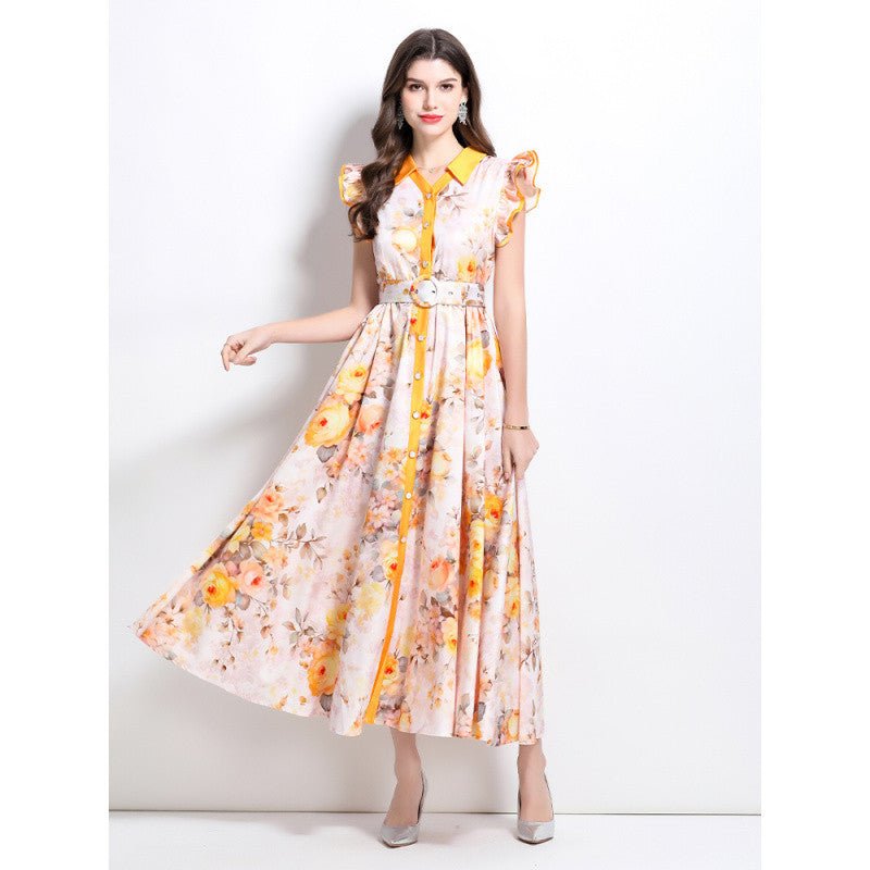 Cross-border 2025 spring and summer new retro socialite flower pattern flying sleeve ruffled long dress - Cozy & Co. Market