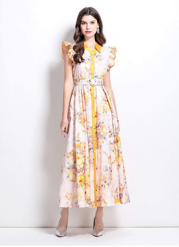 Cross-border 2025 spring and summer new retro socialite flower pattern flying sleeve ruffled long dress - Cozy & Co. Market