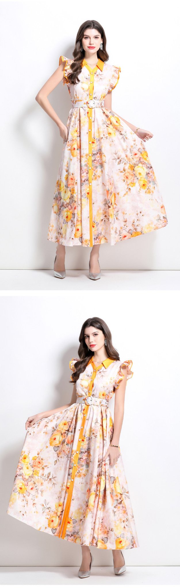 Cross-border 2025 spring and summer new retro socialite flower pattern flying sleeve ruffled long dress - Cozy & Co. Market