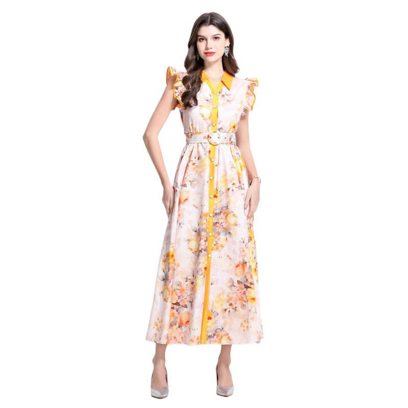 Cross-border 2025 spring and summer new retro socialite flower pattern flying sleeve ruffled long dress - Cozy & Co. Market