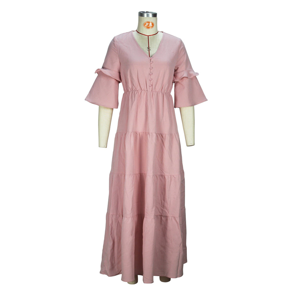 Cross-border Amazon European and American Spring and Autumn Women's Fashion Elegant V-neck Lotus Leaf Sleeve Long Casual dress - Cozy & Co. Market