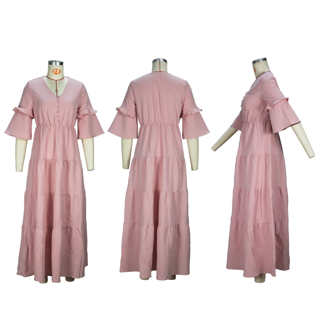 Cross-border Amazon European and American Spring and Autumn Women's Fashion Elegant V-neck Lotus Leaf Sleeve Long Casual dress - Cozy & Co. Market