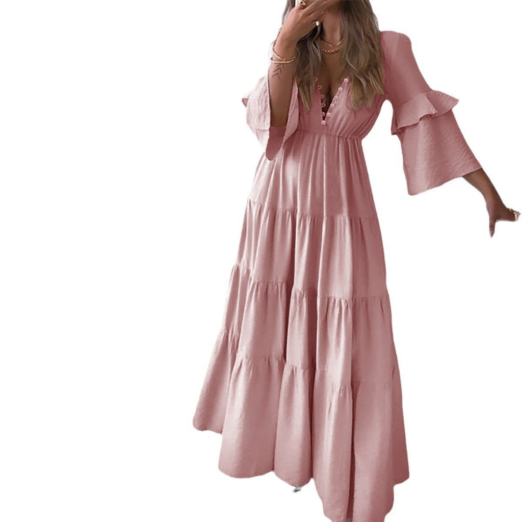 Cross-border Amazon European and American Spring and Autumn Women's Fashion Elegant V-neck Lotus Leaf Sleeve Long Casual dress - Cozy & Co. Market