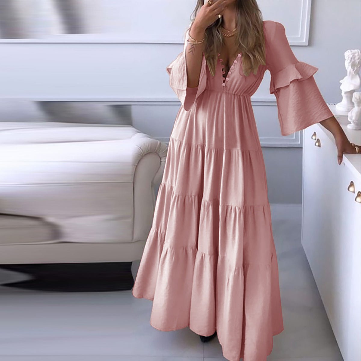 Cross-border Amazon European and American Spring and Autumn Women's Fashion Elegant V-neck Lotus Leaf Sleeve Long Casual dress - Cozy & Co. Market