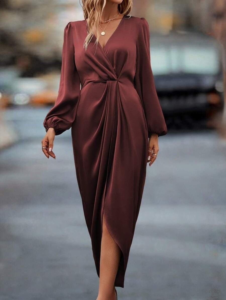 Cross-Border Amazon Women's New Slit Dress Spring and Summer Lantern Sleeve Asymmetrical Long-Sleeved Satin Dress - Cozy & Co. Market