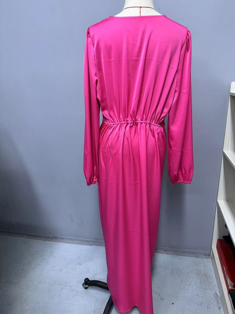 Cross-Border Amazon Women's New Slit Dress Spring and Summer Lantern Sleeve Asymmetrical Long-Sleeved Satin Dress - Cozy & Co. Market