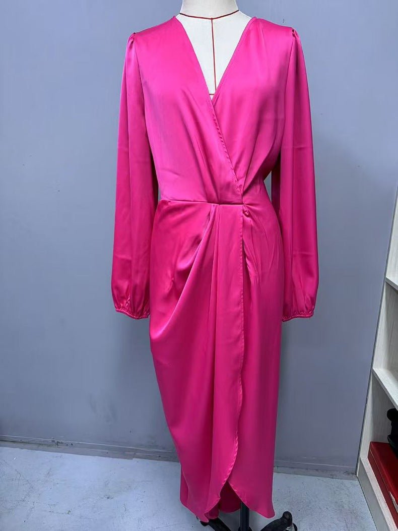 Cross-Border Amazon Women's New Slit Dress Spring and Summer Lantern Sleeve Asymmetrical Long-Sleeved Satin Dress - Cozy & Co. Market