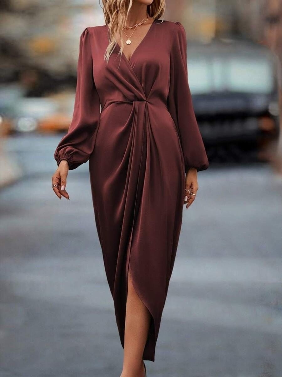 Cross-Border Amazon Women's New Slit Dress Spring and Summer Lantern Sleeve Asymmetrical Long-Sleeved Satin Dress - Cozy & Co. Market