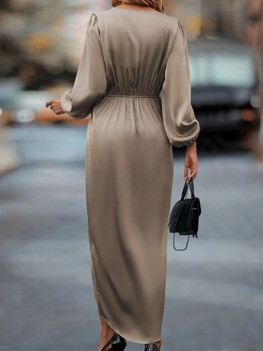 Cross-Border Amazon Women's New Slit Dress Spring and Summer Lantern Sleeve Asymmetrical Long-Sleeved Satin Dress - Cozy & Co. Market
