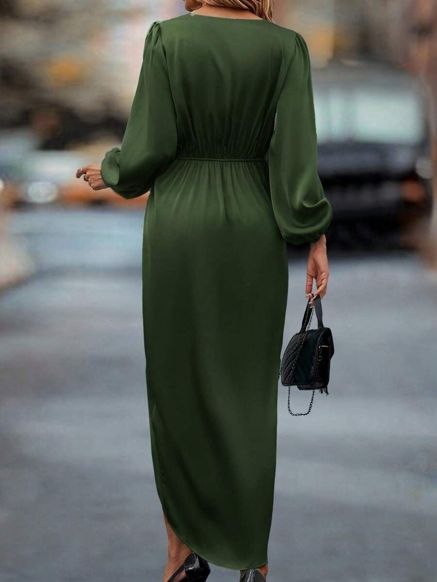 Cross-Border Amazon Women's New Slit Dress Spring and Summer Lantern Sleeve Asymmetrical Long-Sleeved Satin Dress - Cozy & Co. Market