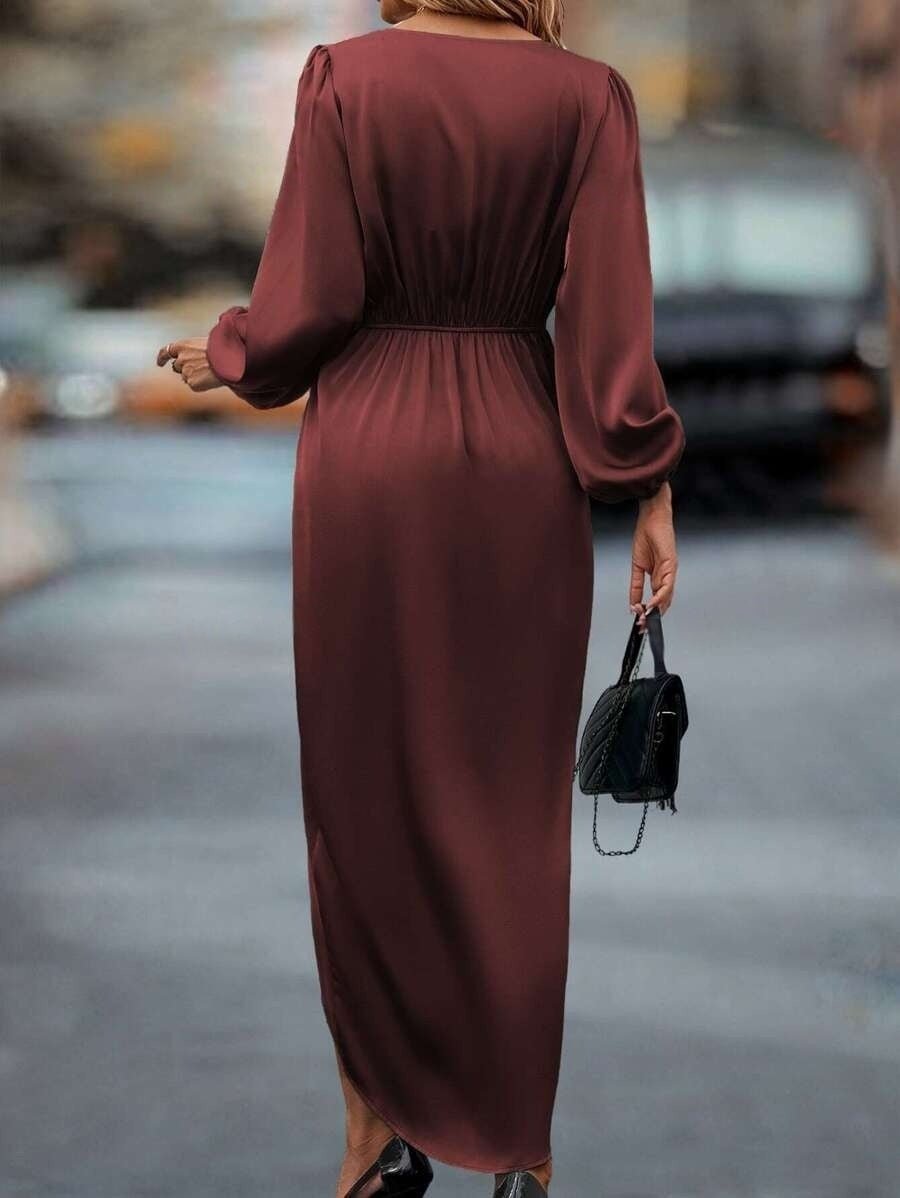 Cross-Border Amazon Women's New Slit Dress Spring and Summer Lantern Sleeve Asymmetrical Long-Sleeved Satin Dress - Cozy & Co. Market