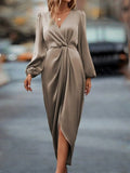 Cross-Border Amazon Women's New Slit Dress Spring and Summer Lantern Sleeve Asymmetrical Long-Sleeved Satin Dress - Cozy & Co. Market