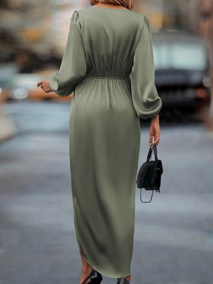 Cross-Border Amazon Women's New Slit Dress Spring and Summer Lantern Sleeve Asymmetrical Long-Sleeved Satin Dress - Cozy & Co. Market