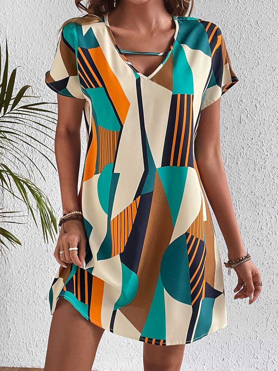 Cross-Border European and American Color-Block Short-Sleeve Dress for Women, Loose V-Neck Mid-Length A-Line Dress with Color-Block Design for Travel and Export - Cozy & Co. Market