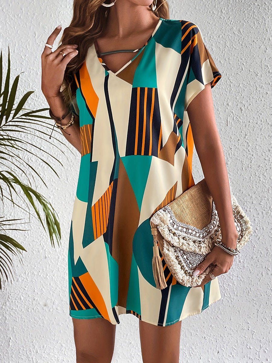 Cross-Border European and American Color-Block Short-Sleeve Dress for Women, Loose V-Neck Mid-Length A-Line Dress with Color-Block Design for Travel and Export - Cozy & Co. Market