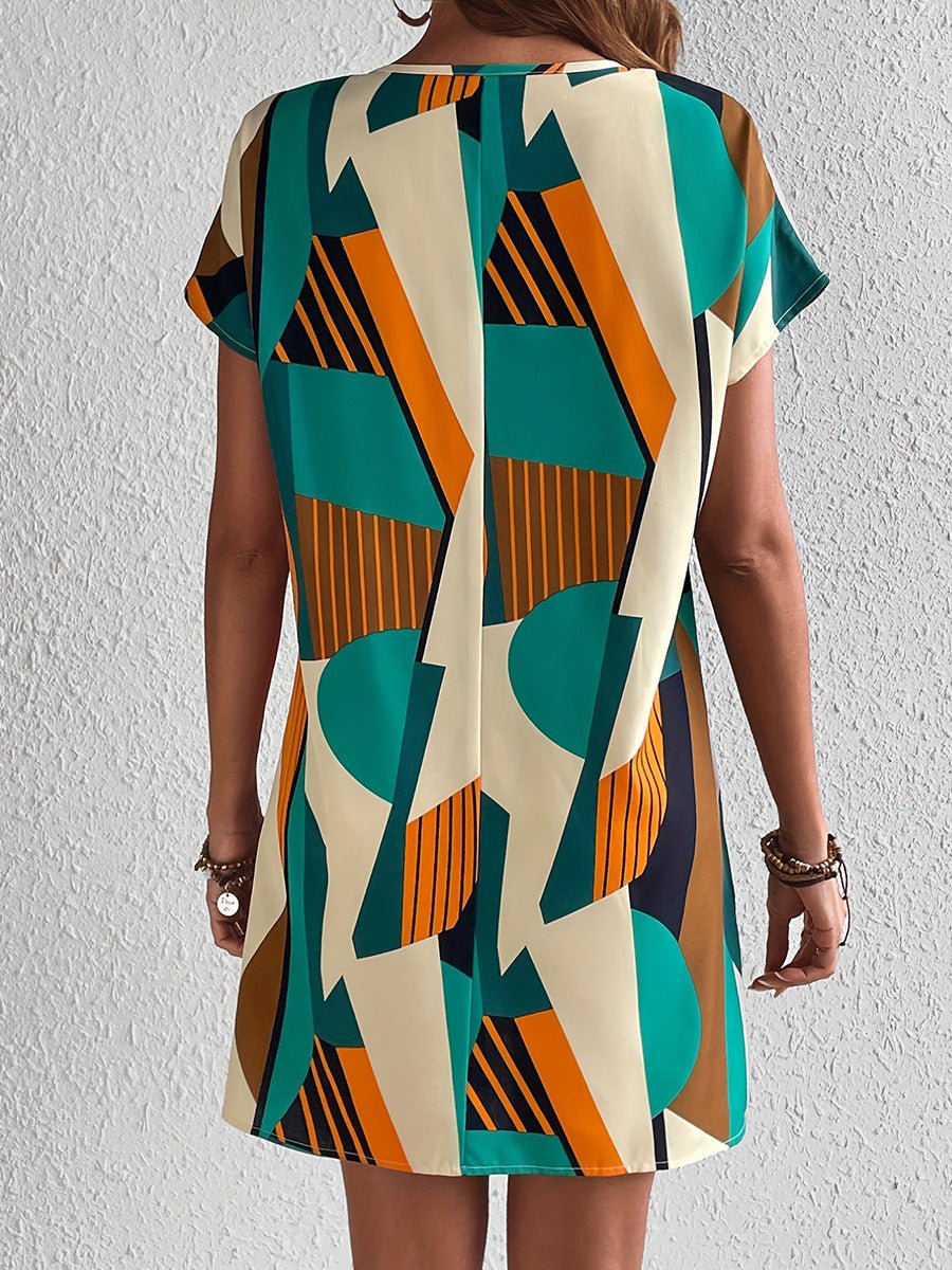 Cross-Border European and American Color-Block Short-Sleeve Dress for Women, Loose V-Neck Mid-Length A-Line Dress with Color-Block Design for Travel and Export - Cozy & Co. Market