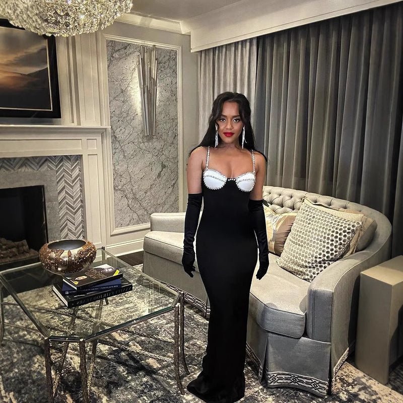 Cross-border European and American New Women's Sexy Sling Contrast Color Chest Cup Diamond-encrusted Tight Hip Bandage dress Evening Dress - Cozy & Co. Market