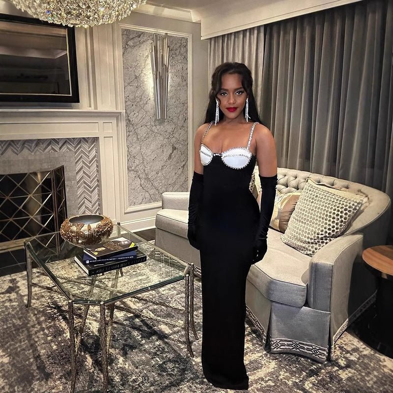 Cross-border European and American New Women's Sexy Sling Contrast Color Chest Cup Diamond-encrusted Tight Hip Bandage dress Evening Dress - Cozy & Co. Market
