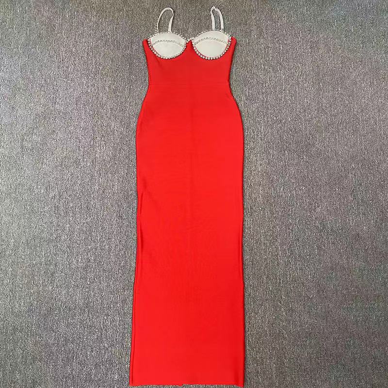 Cross-border European and American New Women's Sexy Sling Contrast Color Chest Cup Diamond-encrusted Tight Hip Bandage dress Evening Dress - Cozy & Co. Market