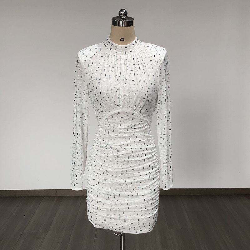 Cross-border foreign trade new temperament fashion mesh hot drilling long sleeve tight pleated thin dress women's European and American new - Cozy & Co. Market